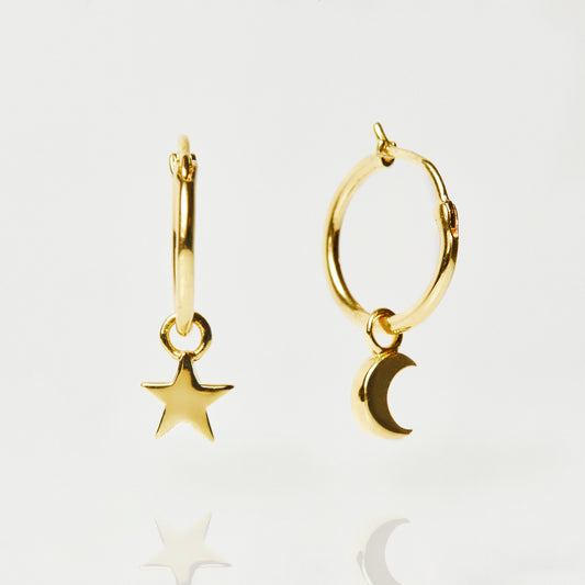 Star & Moon Charm Hoop Earrings In Gold Vermeil - Earrings - Carrie Elizabeth