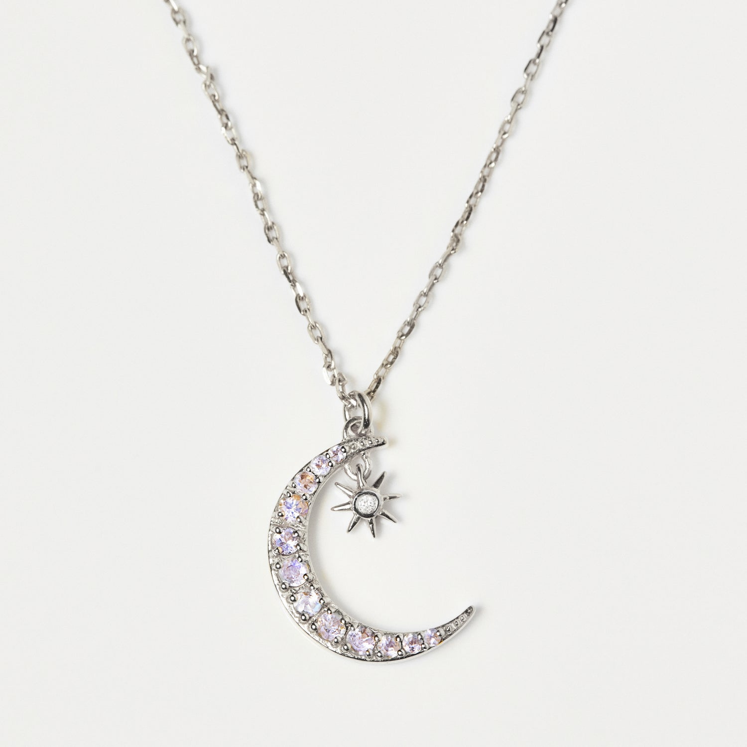 Sterling Silver Moon & Star Pendant Necklace in Moonstone & Diamond - Necklace - Carrie Elizabeth