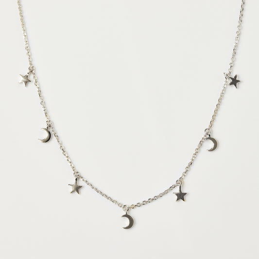Sterling Silver Mini Hanging Charm Necklace in Moon & Stars - Necklace - Carrie Elizabeth