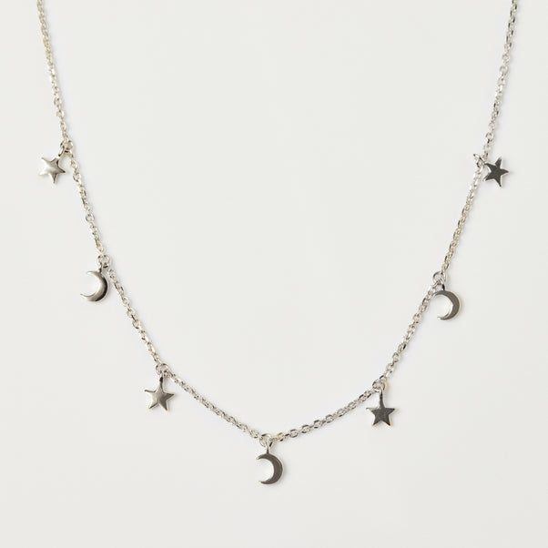 Sterling Silver Mini Hanging Charm Necklace in Moon & Stars - Necklace - Carrie Elizabeth