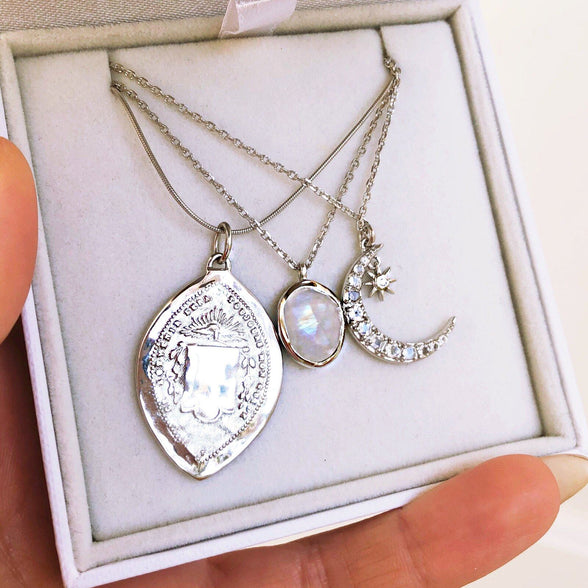 Sterling Silver Moon & Star Pendant Necklace in Moonstone & Diamond  18