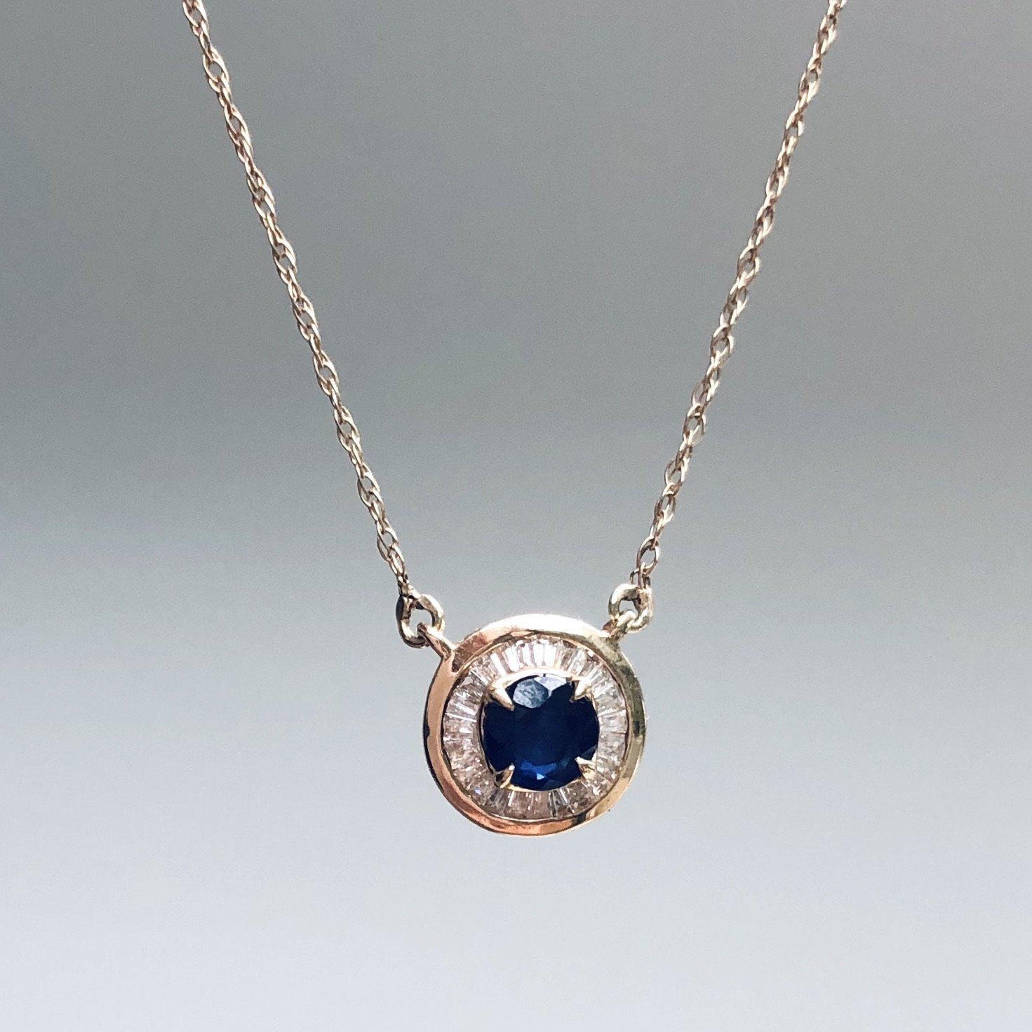 9k Solid Gold Evil Eye in Sapphire & Baguette Diamonds Necklace VJI 