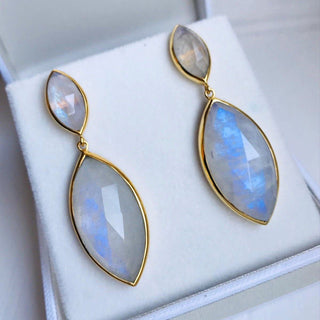14k Gold Vermeil Marquise Statement Earrings in Moonstone  bride, earrings, Gold, Moonstone, over-80, Semi Precious, Statement
